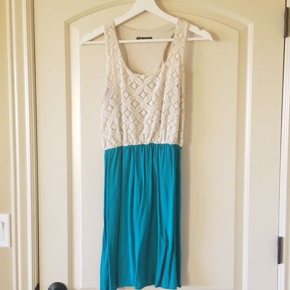 Cream lace top with flowy teal skirt dress